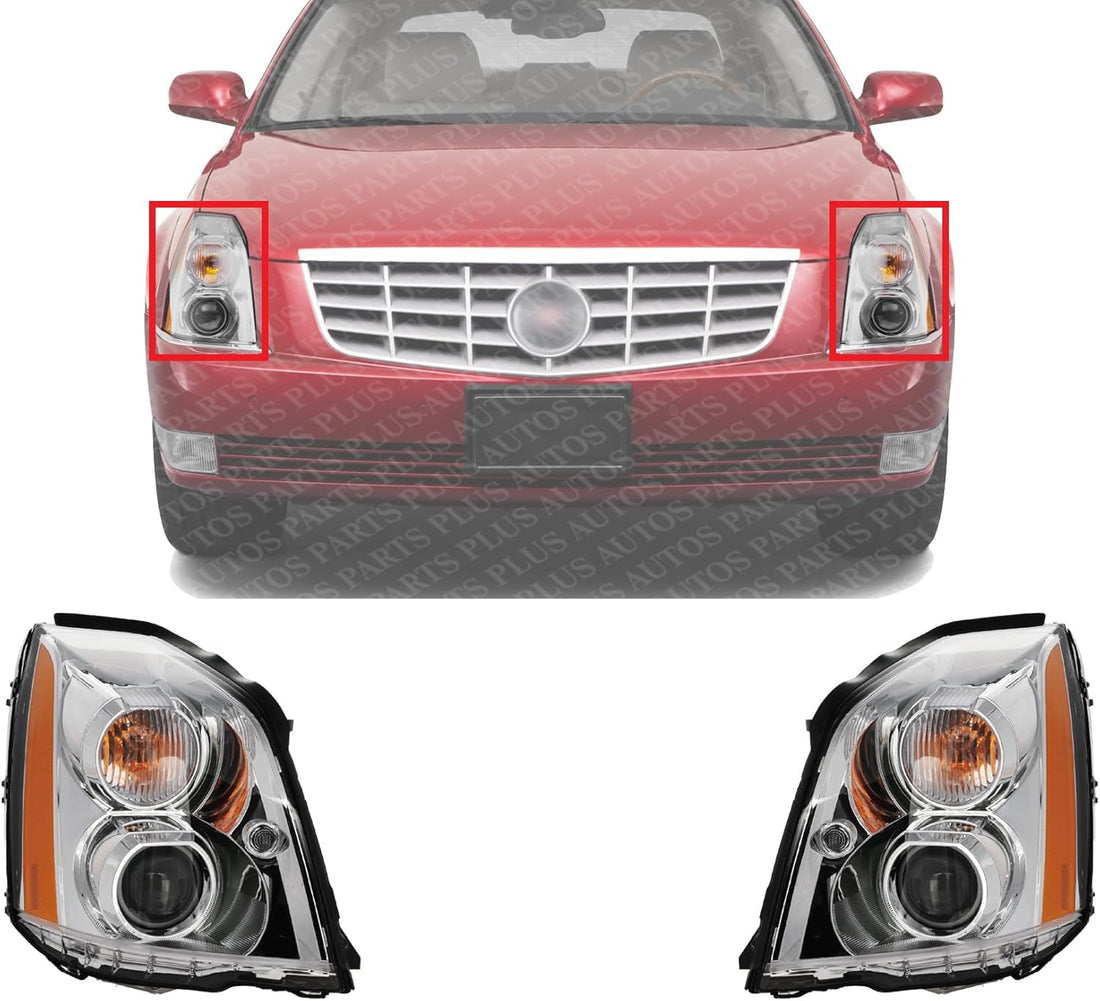 Set Of 2 Front Head Light Assembly Plastic Lens And Housing Left Driver & Right Passenger Side Direct Replacement Compatible With 2006-2011 Cadillac DTS GM2503275 GM2502275