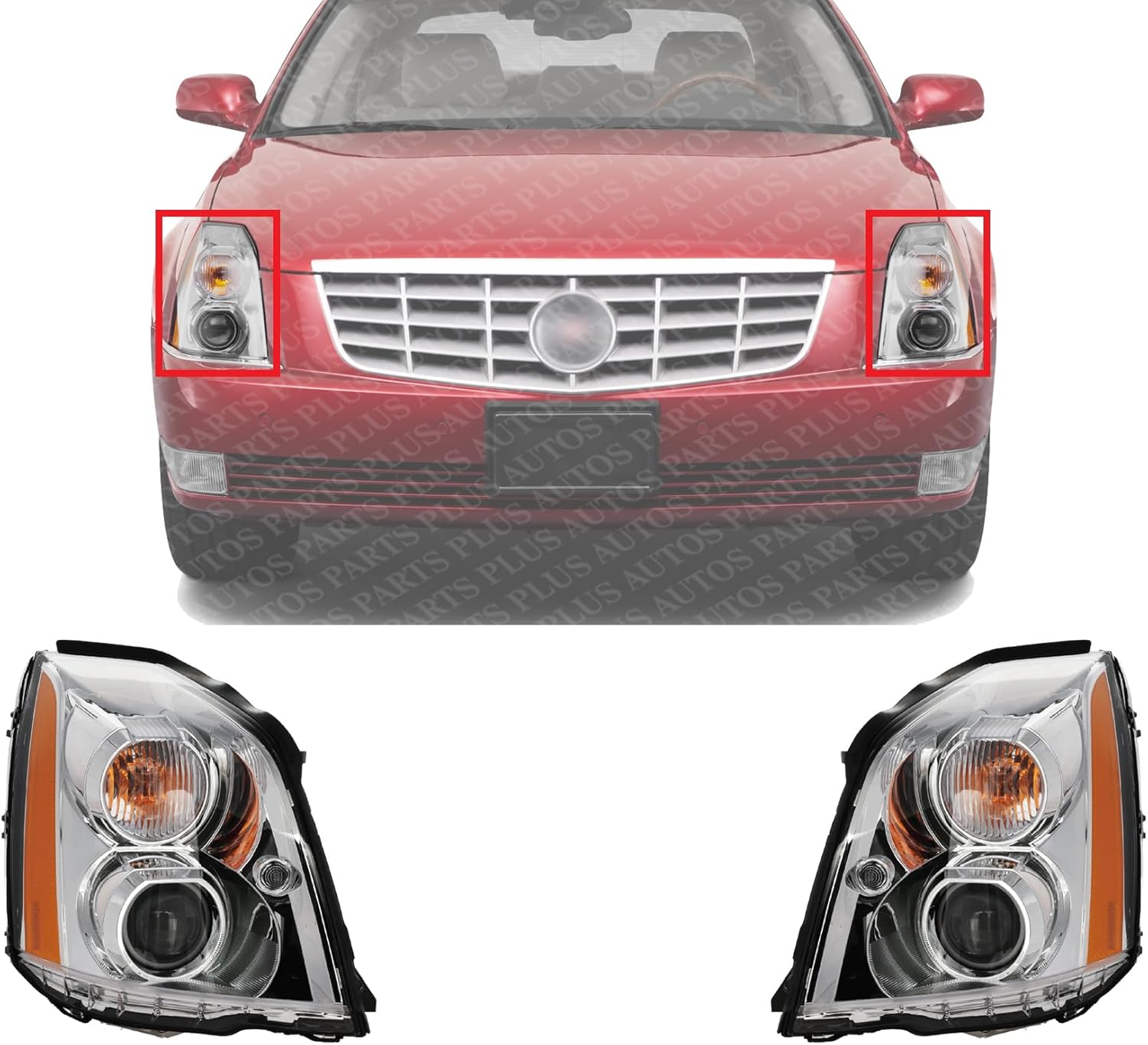 Set Of 2 Front Head Light Assembly Plastic Lens And Housing Left Driver & Right Passenger Side Direct Replacement Compatible With 2006-2011 Cadillac DTS GM2503275 GM2502275