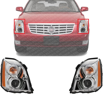 Set Of 2 Front Head Light Assembly Plastic Lens And Housing Left Driver & Right Passenger Side Direct Replacement Compatible With 2006-2011 Cadillac DTS GM2503275 GM2502275