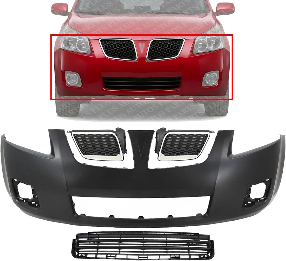 Front Bumper Cover Primed Plastic + Upper & Lower Grille Replacement Compatible With 2009-2010 Pontiac Vibe