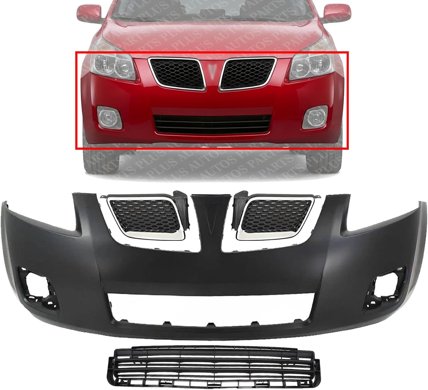 Front Bumper Cover Primed Plastic + Upper & Lower Grille Replacement Compatible With 2009-2010 Pontiac Vibe