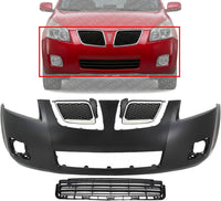 Front Bumper Cover Primed Plastic + Upper & Lower Grille Replacement Compatible With 2009-2010 Pontiac Vibe