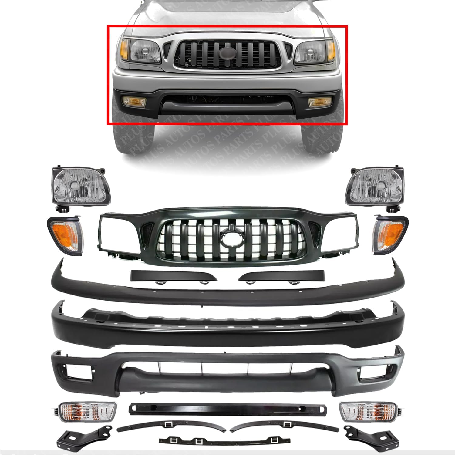 Front Bumper + Grille + Upper + Valance + Reinforcement + Brackets + Headlight + Fillers +Signal & Corner Lamp LH & RH Side Direct Replacement Compatible With 2001-2004 Tacoma 4WD