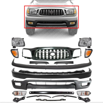 Front Bumper + Grille + Upper + Valance + Reinforcement + Brackets + Headlight + Fillers +Signal & Corner Lamp LH & RH Side Direct Replacement Compatible With 2001-2004 Tacoma 4WD