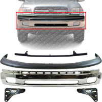 Front Bumper Chrome Steel + Upper Cover Textured + Filler + Bracket Left & Right Side Direct Replacement Compatible With 2000-2006 Toyota Tundra TO1002170