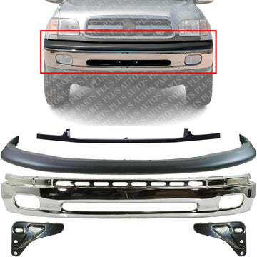 Front Bumper Chrome Steel + Upper Cover Textured + Filler + Bracket Left & Right Side Direct Replacement Compatible With 2000-2006 Toyota Tundra TO1002170