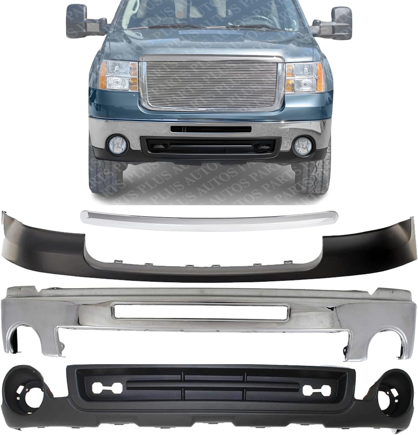 Front Bumper Chrome Steel + Hood Molding + Upper Cover + Lower Valance Primed Direct Replacement Compatible With 2007-2010 GMC Sierra 2500HD 3500HD GM1000873 GM1002834 GM1092218