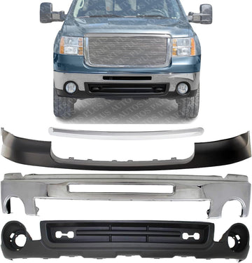 Front Bumper Chrome Steel + Hood Molding + Upper Cover + Lower Valance Primed Direct Replacement Compatible With 2007-2010 GMC Sierra 2500HD 3500HD GM1000873 GM1002834 GM1092218