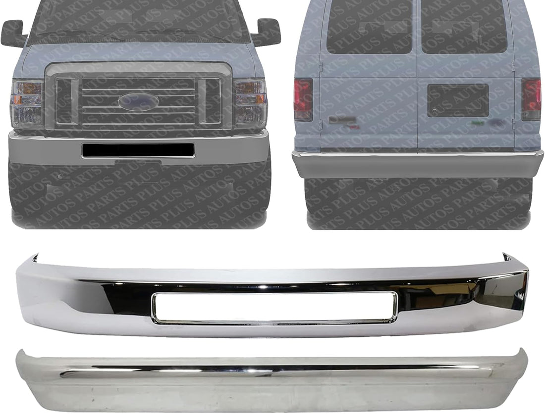 Front & Rear Bumper Face Bar Chrome Steel Direct Replacement Compatible With 2008-2014 Ford E-Series FO1002410 FO1102362 7C2Z17906F 8C2Z17757B