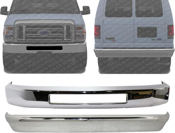 Front & Rear Bumper Face Bar Chrome Steel Direct Replacement Compatible With 2008-2014 Ford E-Series FO1002410 FO1102362 7C2Z17906F 8C2Z17757B