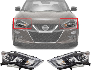 Set Of 2 Front Head Light Assembly Plastic Left Driver & Right Passenger Side Direct Replacement Compatible With 2016-2018 Nissan Maxima NI2503235 NI2502235 260104RF9B 260104RF0B