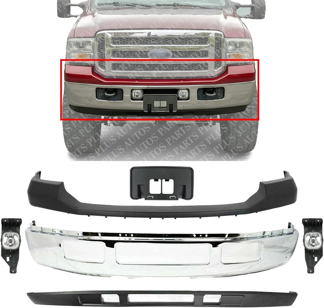 Front Bumper Chrome + Upper Cover + Lower Valance Panel + License Plate Bracket + Fog Lights Left & Right Side Direct Replacement Compatible With Ford F-Series Super Duty 2005-2007
