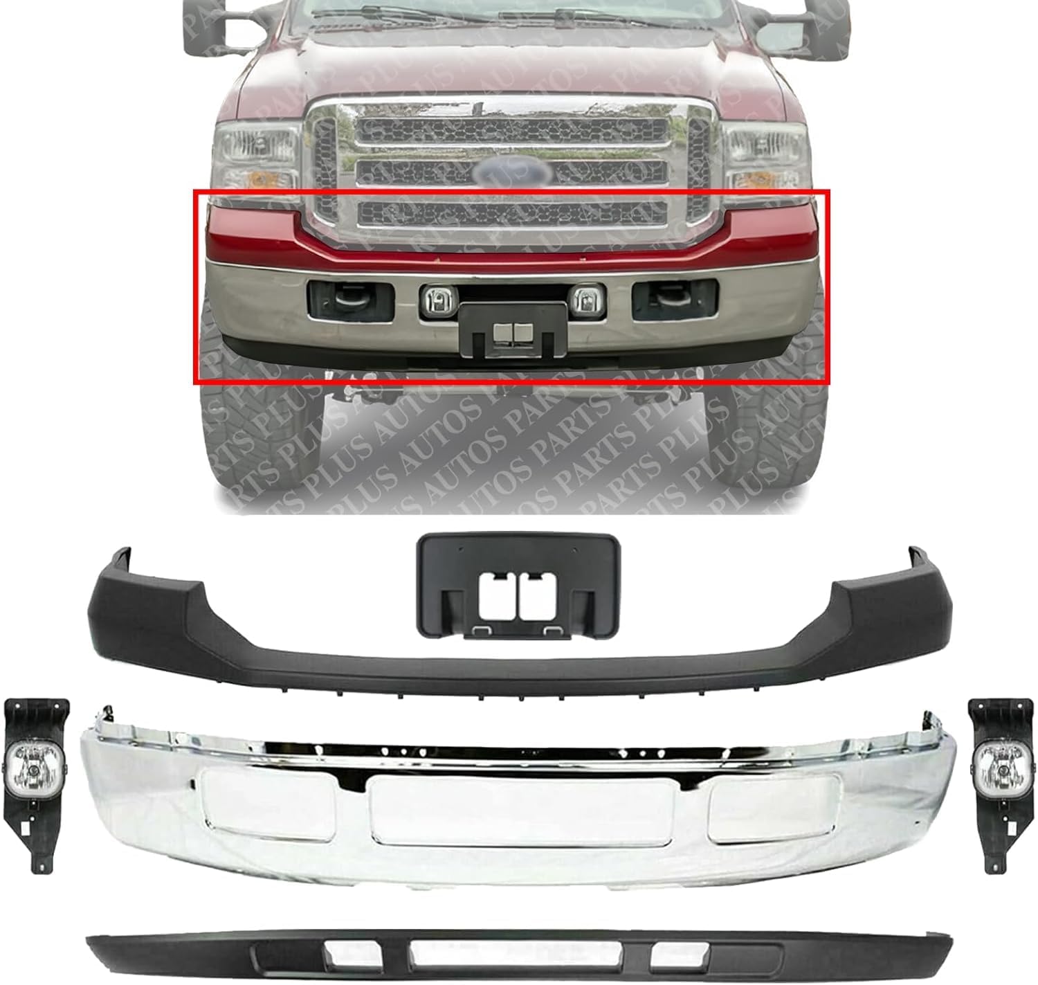 Front Bumper Chrome + Upper Cover + Lower Valance Panel + License Plate Bracket + Fog Lights Left & Right Side Direct Replacement Compatible With Ford F-Series Super Duty 2005-2007