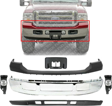 Front Bumper Chrome + Upper Cover + Lower Valance Panel + License Plate Bracket + Fog Lights Left & Right Side Direct Replacement Compatible With Ford F-Series Super Duty 2005-2007