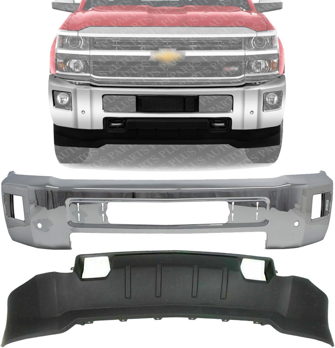Front Bumper Steel With Fog Light And Parking Aid Sensor Holes + Lower Valance Textured Plastic Direct Replacement Compatible With 2015-2019 Chevrolet Silverado 2500/3500