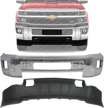 Front Bumper Steel With Fog Light And Parking Aid Sensor Holes + Lower Valance Textured Plastic Direct Replacement Compatible With 2015-2019 Chevrolet Silverado 2500/3500