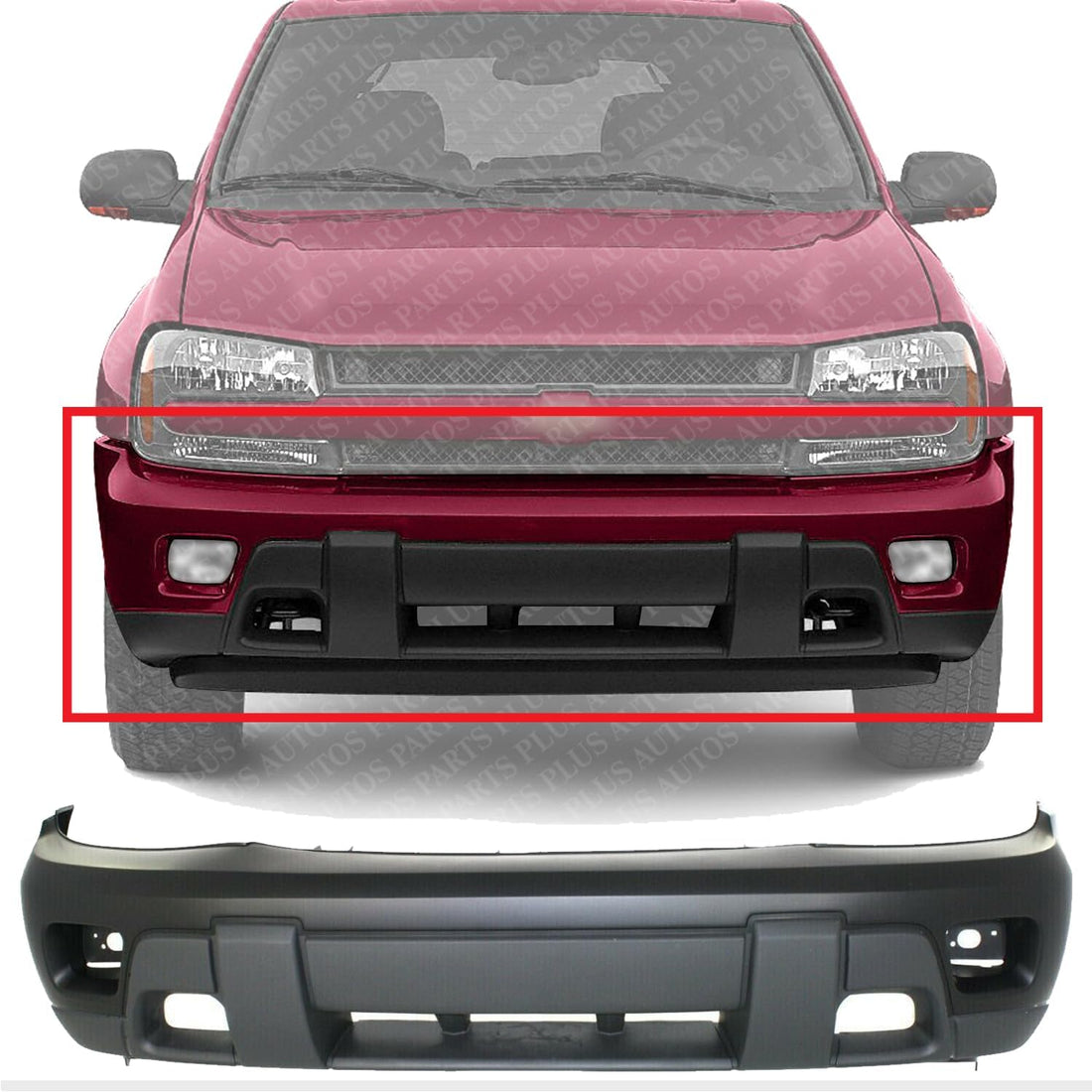 Front Bumper Cover Top Primed & Bottom Textured With Fog Light Holes Direct Replacement Compatible With 2002-2007 Chevrolet Trailblazer GM1000639 88937047
