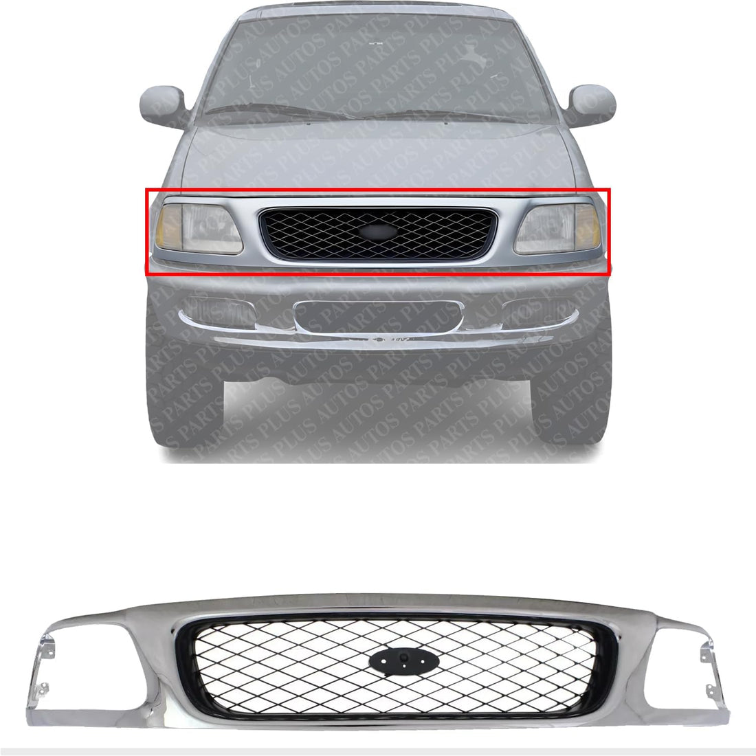 Front Grille Mesh Chrome Shell With Black Insert With Headlight Holes And Emblem Provision Direct Replacement Compatible With 1997-1998 Ford F-150 / F-250 FO1200380 F65Z8200AAN