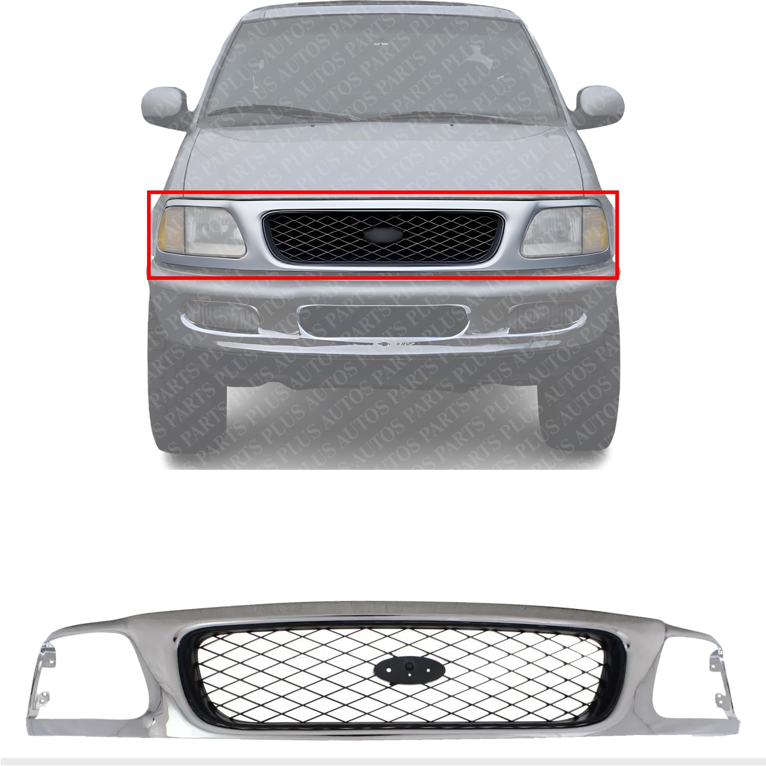 Front Grille Mesh Chrome Shell With Black Insert With Headlight Holes And Emblem Provision Direct Replacement Compatible With 1997-1998 Ford F-150 / F-250 FO1200380 F65Z8200AAN