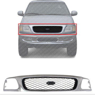 Front Grille Mesh Chrome Shell With Black Insert With Headlight Holes And Emblem Provision Direct Replacement Compatible With 1997-1998 Ford F-150 / F-250 FO1200380 F65Z8200AAN