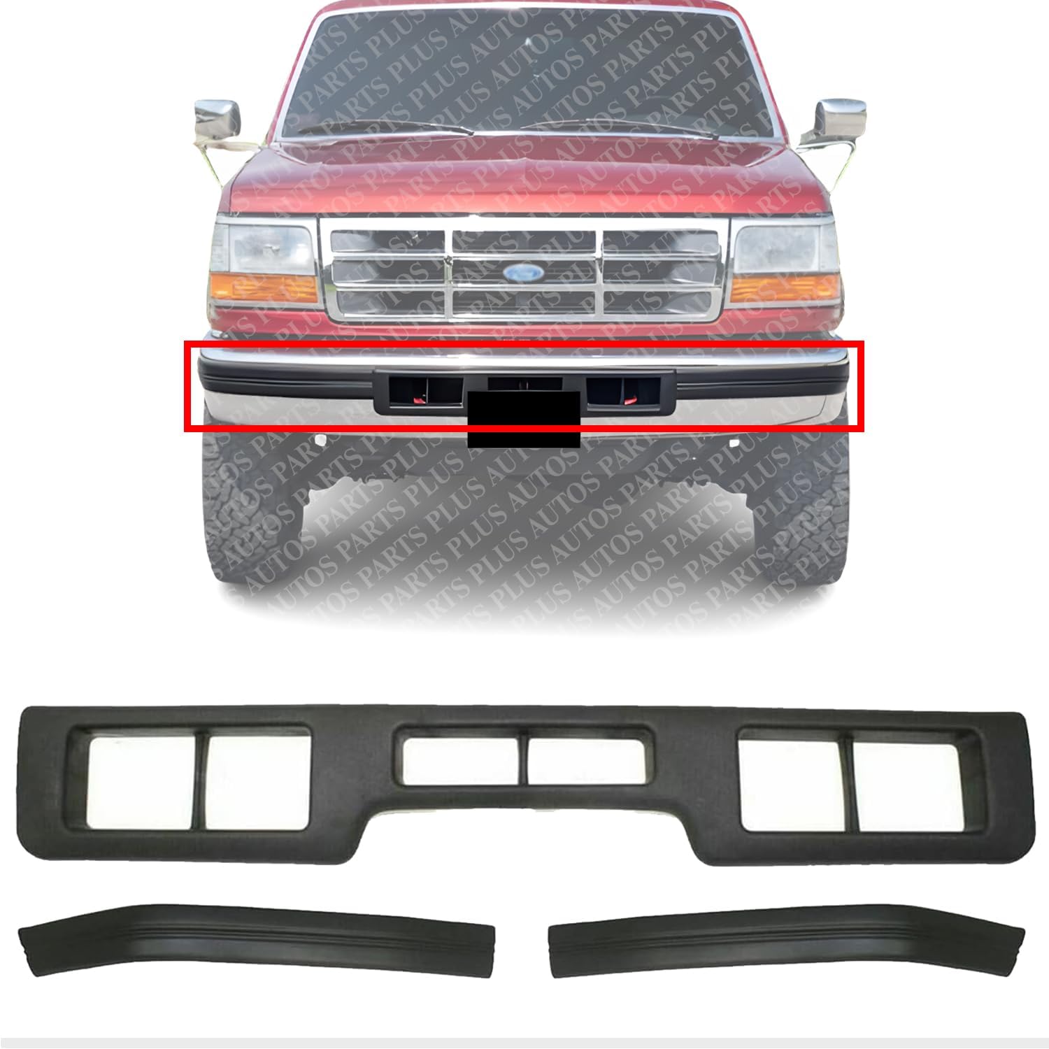 Front Bumper Center Molding + Side Pad Left Driver & Right Passenger Side Direct Replacement Compatible With 1992-1996 Ford Bronco/F-SERIES FO1057272 FO1058271 FO1059271 F3TZ17K833K