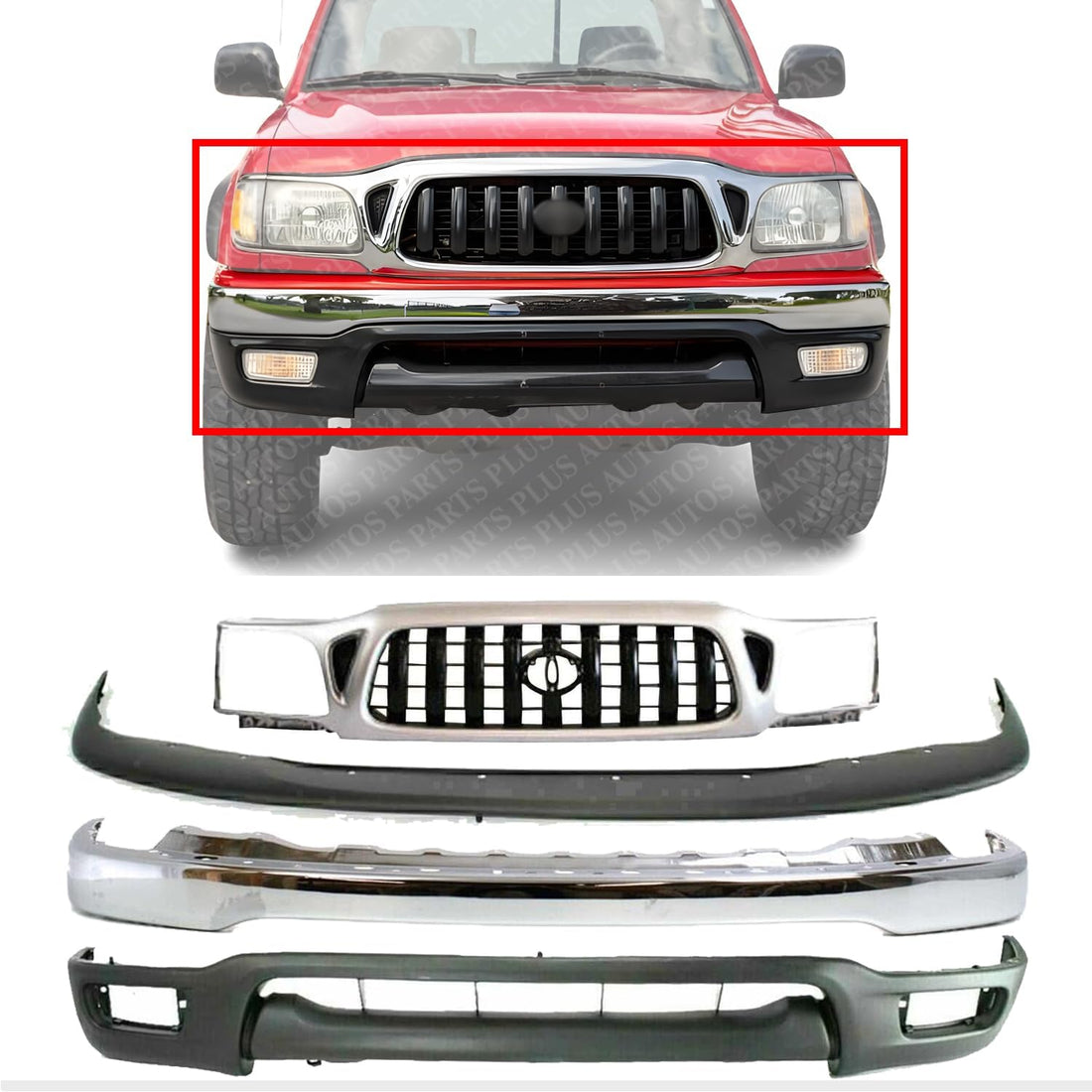 Front Bumper Steel + Grille Chrome Shell With Painted Dark Gray Insert + Filler + Lower Valance Panel Direct Replacement Compatible With Toyota Tacoma 2001-2004 TO1095196