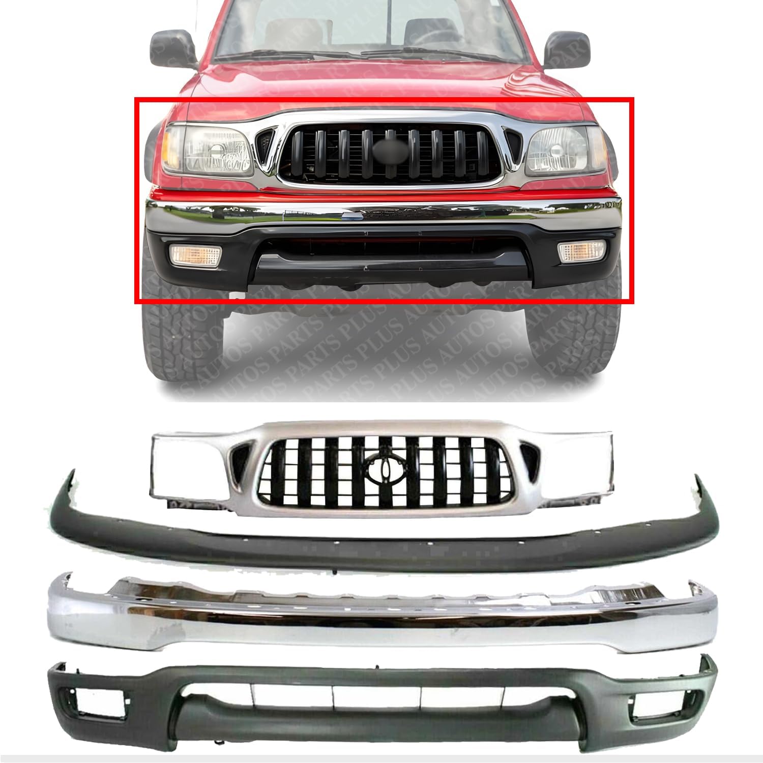 Front Bumper Steel + Grille Chrome Shell With Painted Dark Gray Insert + Filler + Lower Valance Panel Direct Replacement Compatible With Toyota Tacoma 2001-2004 TO1095196