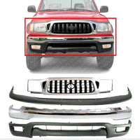 Front Bumper Steel + Grille Chrome Shell With Painted Dark Gray Insert + Filler + Lower Valance Panel Direct Replacement Compatible With Toyota Tacoma 2001-2004 TO1095196