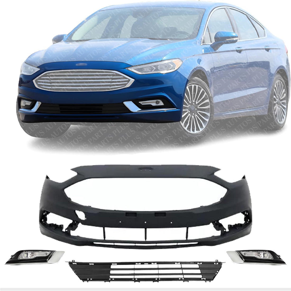 Front Bumper Cover Primed + Upper Lower Center Grilles + Headlights + Fog Lights & Covers With Chrome Trim Left And Right Side Direct Replacement Compatible With 2017-2018 Ford Fusion