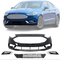 Front Bumper Cover Primed + Upper Lower Center Grilles + Headlights + Fog Lights & Covers With Chrome Trim Left And Right Side Direct Replacement Compatible With 2017-2018 Ford Fusion