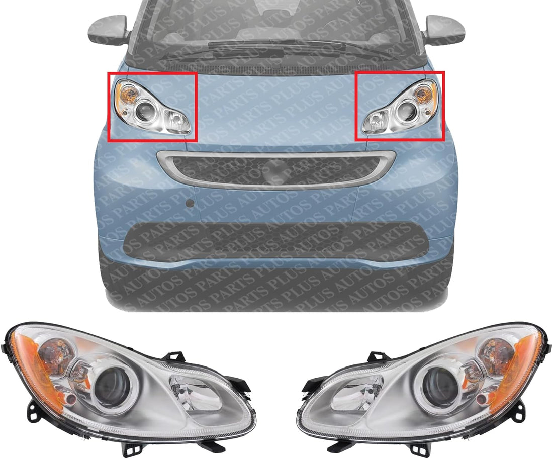 Set Of 2 Front Head Light Assembly Plastic Left Driver & Right Passenger Side Direct Replacement Compatible With 2008-2015 Smart Fortwo SM2503100 SM2502100 4518202459 4518202559