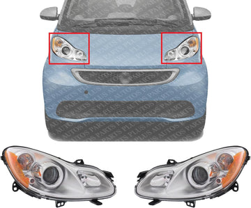Set Of 2 Front Head Light Assembly Plastic Left Driver & Right Passenger Side Direct Replacement Compatible With 2008-2015 Smart Fortwo SM2503100 SM2502100 4518202459 4518202559