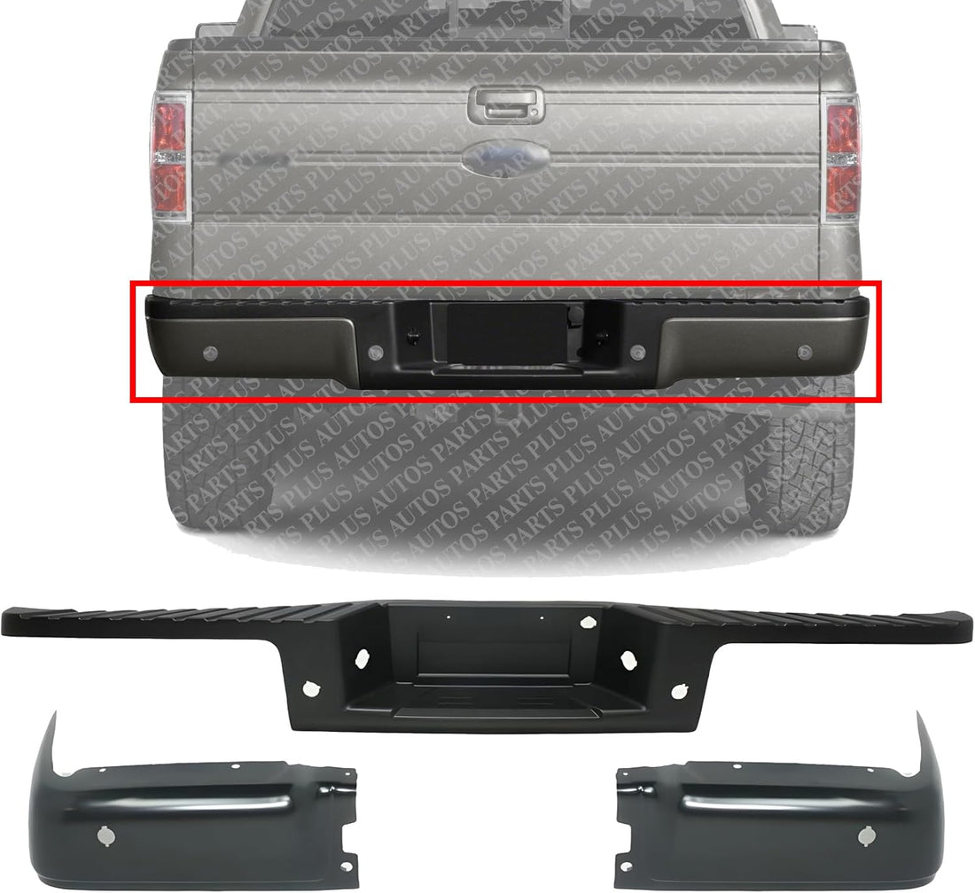 AUTOS PARTS PLUS Rear Bumper Step Pad Primed With Towing Package & Object Sensor Holes + End Caps Left Driver and Right Passenger Side Direct Replacement Compatible With 2009-2014 Ford F-150 FO1102373