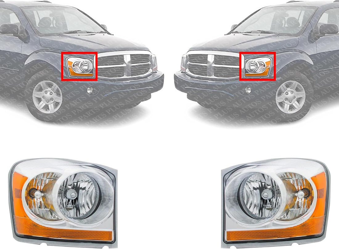 Set of 2 Front Headlight Assembly Interior Chrome Right Passenger & Left Driver Side Direct Replacement Compatible With 2004-2005 Dodge Durango CH2502147 CH2503147 55077721AD