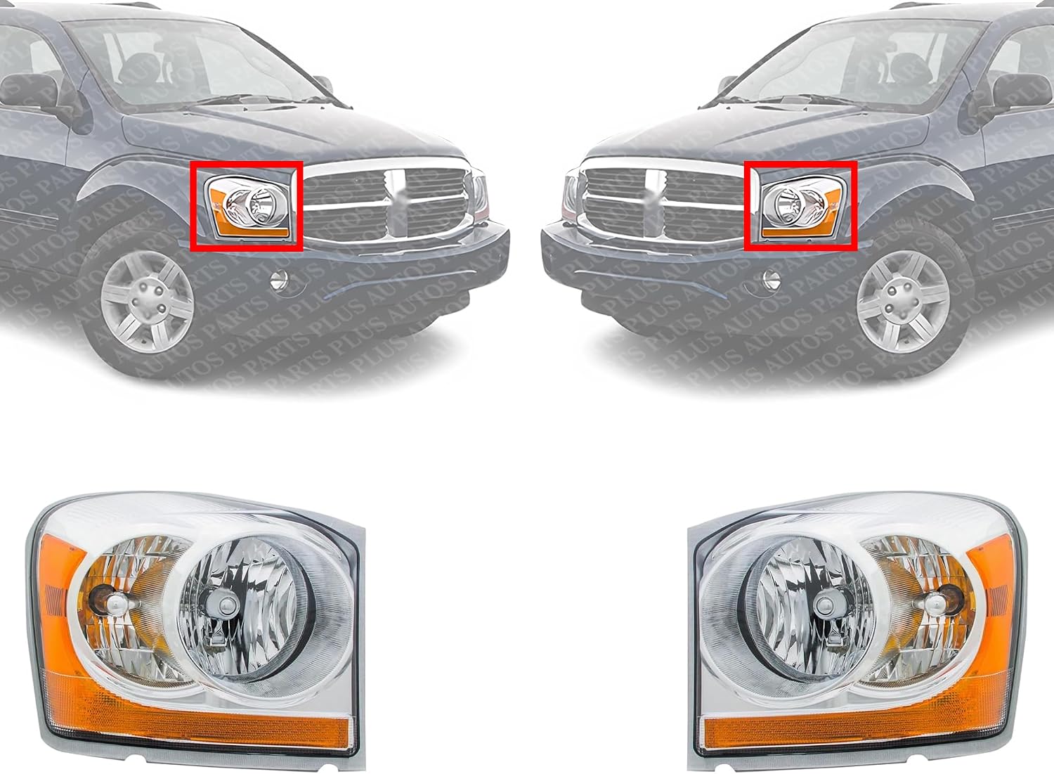 Set of 2 Front Headlight Assembly Interior Chrome Right Passenger & Left Driver Side Direct Replacement Compatible With 2004-2005 Dodge Durango CH2502147 CH2503147 55077721AD