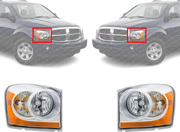 Set of 2 Front Headlight Assembly Interior Chrome Right Passenger & Left Driver Side Direct Replacement Compatible With 2004-2005 Dodge Durango CH2502147 CH2503147 55077721AD