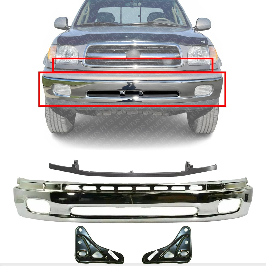 Front Bumper Chrome Steel + Molding Primed + Brackets Left Driver & Right Passenger Side Direct Replacement Compatible With Toyota Tundra 2000-2006 TO1002170 TO1002170 TO1087109