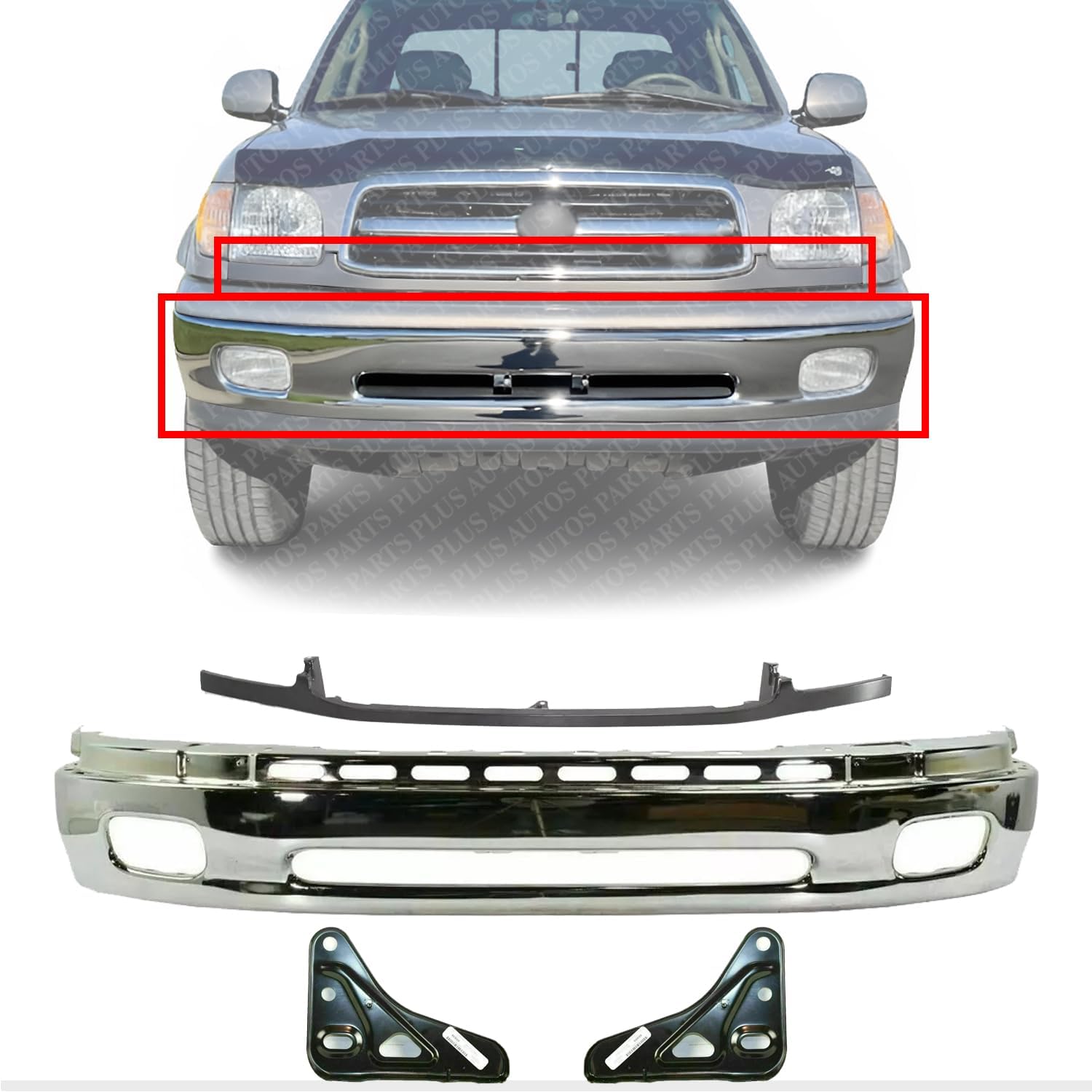 Front Bumper Chrome Steel + Molding Primed + Brackets Left Driver & Right Passenger Side Direct Replacement Compatible With Toyota Tundra 2000-2006 TO1002170 TO1002170 TO1087109