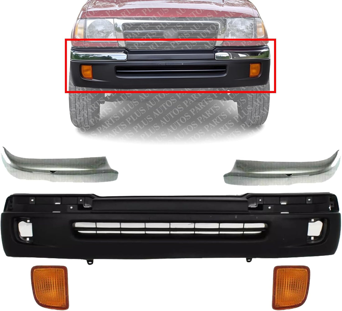 Front Bumper Cover Textured + Chrome Trims + Signal Lamps Left Driver & Right Passenger Side Direct Replacement Compatible With 1998-2000 Toyota Tacoma TO1095173 TO1004165