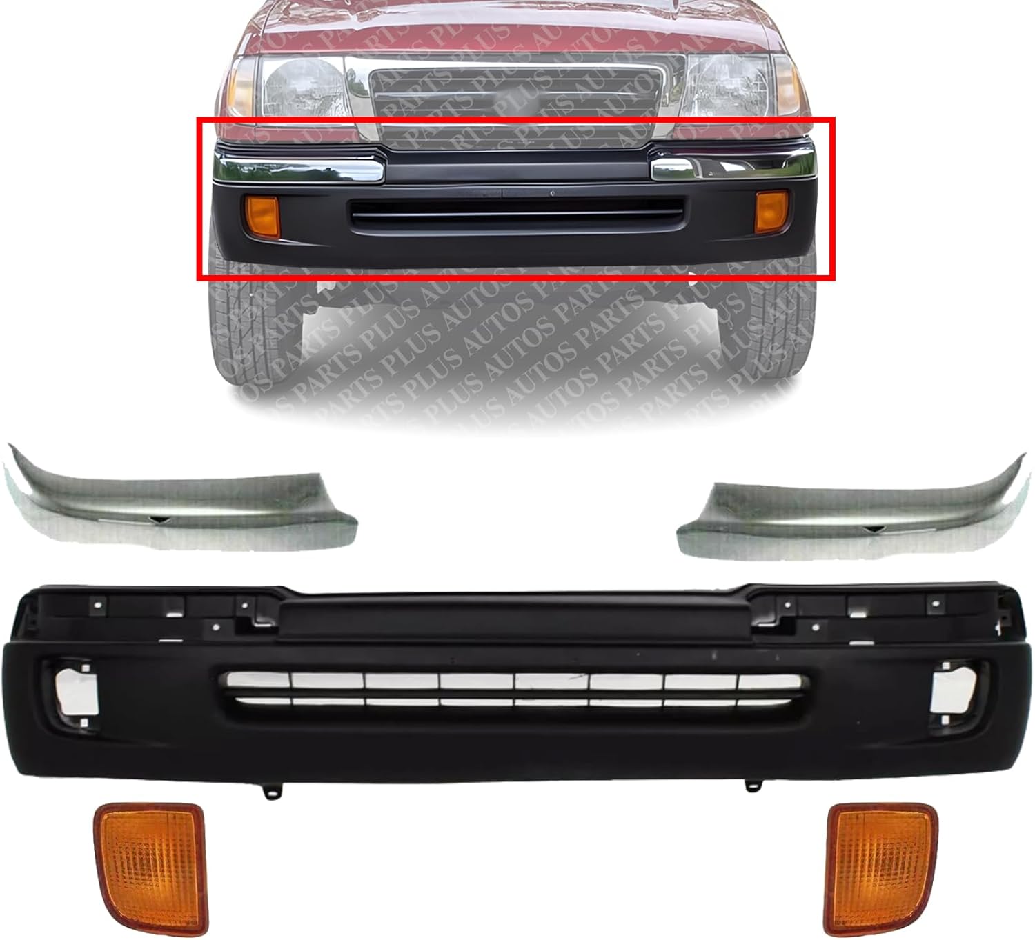 Front Bumper Cover Textured + Chrome Trims + Signal Lamps Left Driver & Right Passenger Side Direct Replacement Compatible With 1998-2000 Toyota Tacoma TO1095173 TO1004165