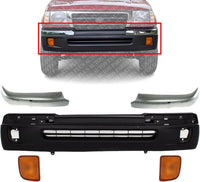 Front Bumper Cover Textured + Chrome Trims + Signal Lamps Left Driver & Right Passenger Side Direct Replacement Compatible With 1998-2000 Toyota Tacoma TO1095173 TO1004165