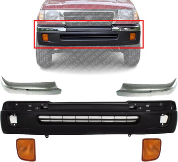 Front Bumper Cover Textured + Chrome Trims + Signal Lamps Left Driver & Right Passenger Side Direct Replacement Compatible With 1998-2000 Toyota Tacoma TO1095173 TO1004165