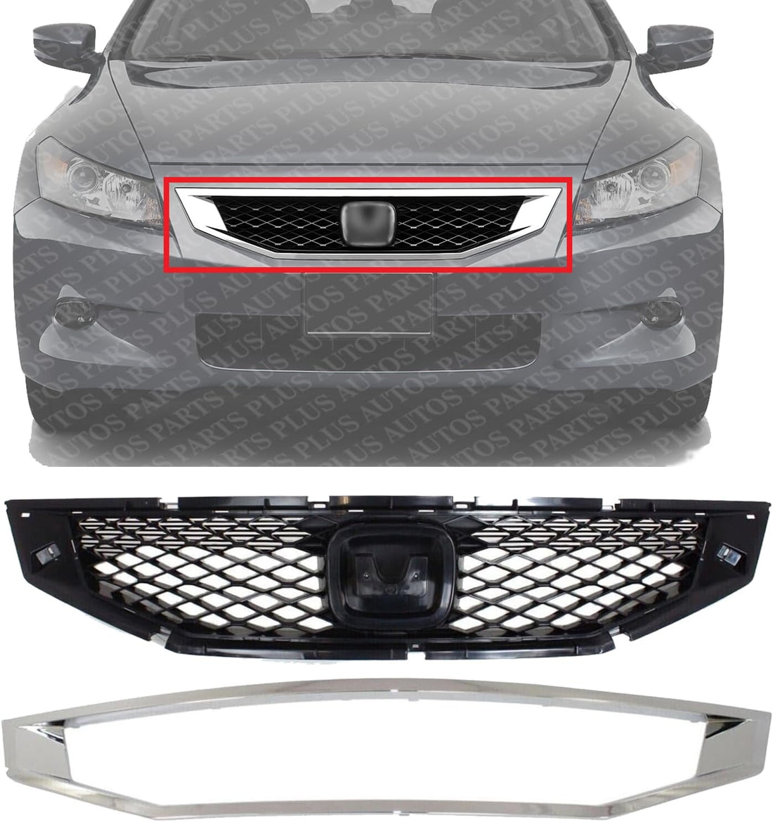 Front Grille Insert Primed With Chrome Molding Plastic Direct Replacement Compatible With 2008-2010 Honda Accord HO1200192 HO1210123 71121TE0A01 71122TE0A01