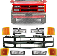 Front Grille Primed Shell And Insert Plastic + Signals & Headlights + Reflector And Marker Lamps Right & Left Side Direct Replacement Compatible With 1994-2000Chevrolet C/K Series