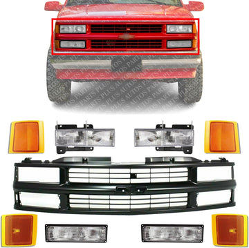 Front Grille Primed Shell And Insert Plastic + Signals & Headlights + Reflector And Marker Lamps Right & Left Side Direct Replacement Compatible With 1994-2000Chevrolet C/K Series