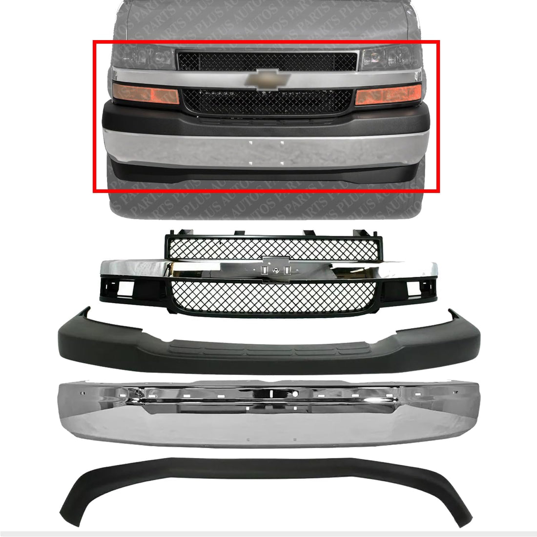 Front Bumper Face Bar Chrome + Grille + Upper Cover + Lower Valance Textured Direct Replacement Compatible With 2003-2014 Chevrolet Express/GMC Savana 1500/2003-2017 2500 3500