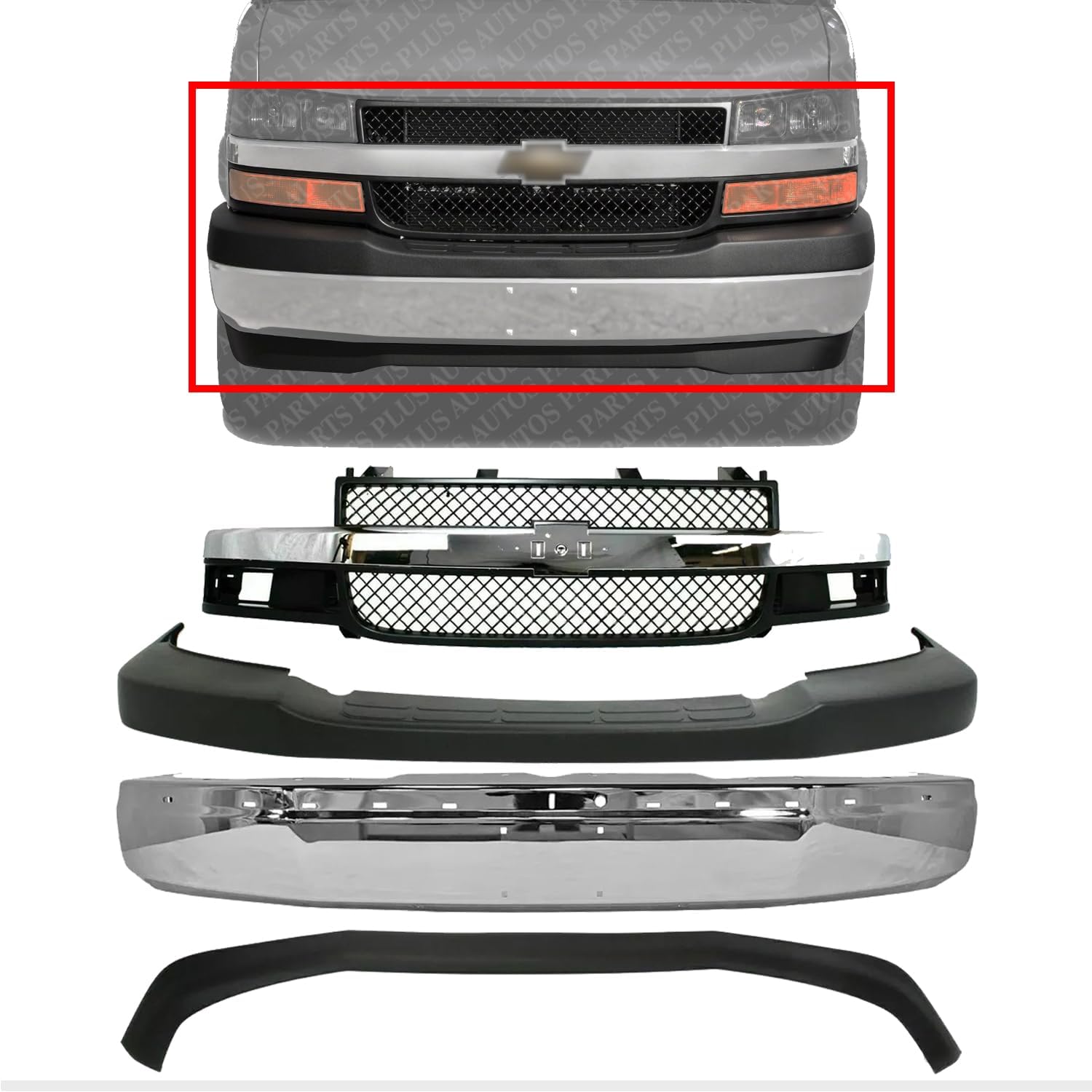 Front Bumper Face Bar Chrome + Grille + Upper Cover + Lower Valance Textured Direct Replacement Compatible With 2003-2014 Chevrolet Express/GMC Savana 1500/2003-2017 2500 3500