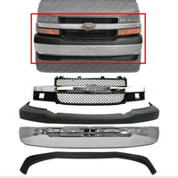 Front Bumper Face Bar Chrome + Grille + Upper Cover + Lower Valance Textured Direct Replacement Compatible With 2003-2014 Chevrolet Express/GMC Savana 1500/2003-2017 2500 3500