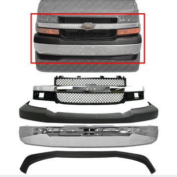 Front Bumper Face Bar Chrome + Grille + Upper Cover + Lower Valance Textured Direct Replacement Compatible With 2003-2014 Chevrolet Express/GMC Savana 1500/2003-2017 2500 3500