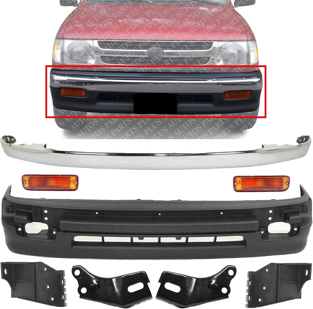 Front Bumper Cover Textured + Chrome Molding + Signal Lights + Bracket Set Of 4 Right Passenger And Left Driver Side Direct Replacement Compatible With Toyota Tacoma 1998-2000